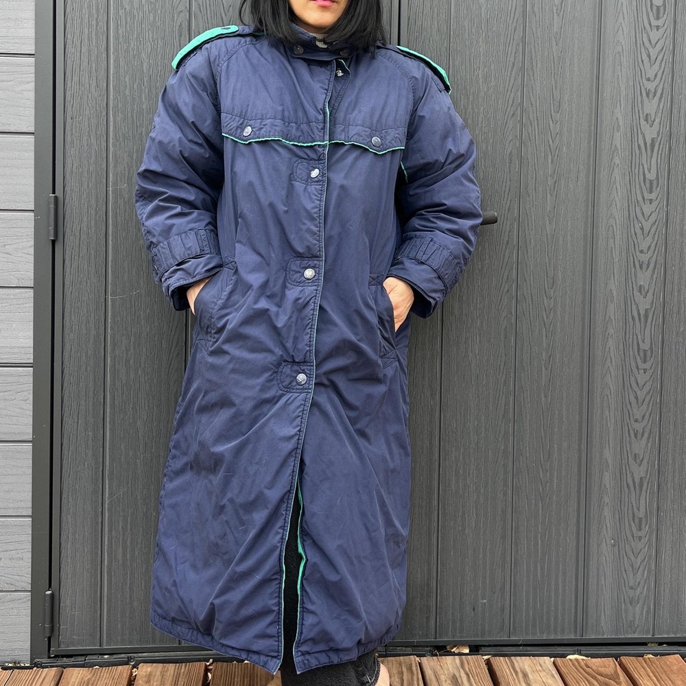 Vintage 80s Navy Long Puffer Coat Oversized Winter Parka Street Style Large